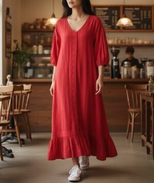 MIRTH Handmade Edition Red Caftan Lagonlook Bohemian Cottage Midi Dress Sz S